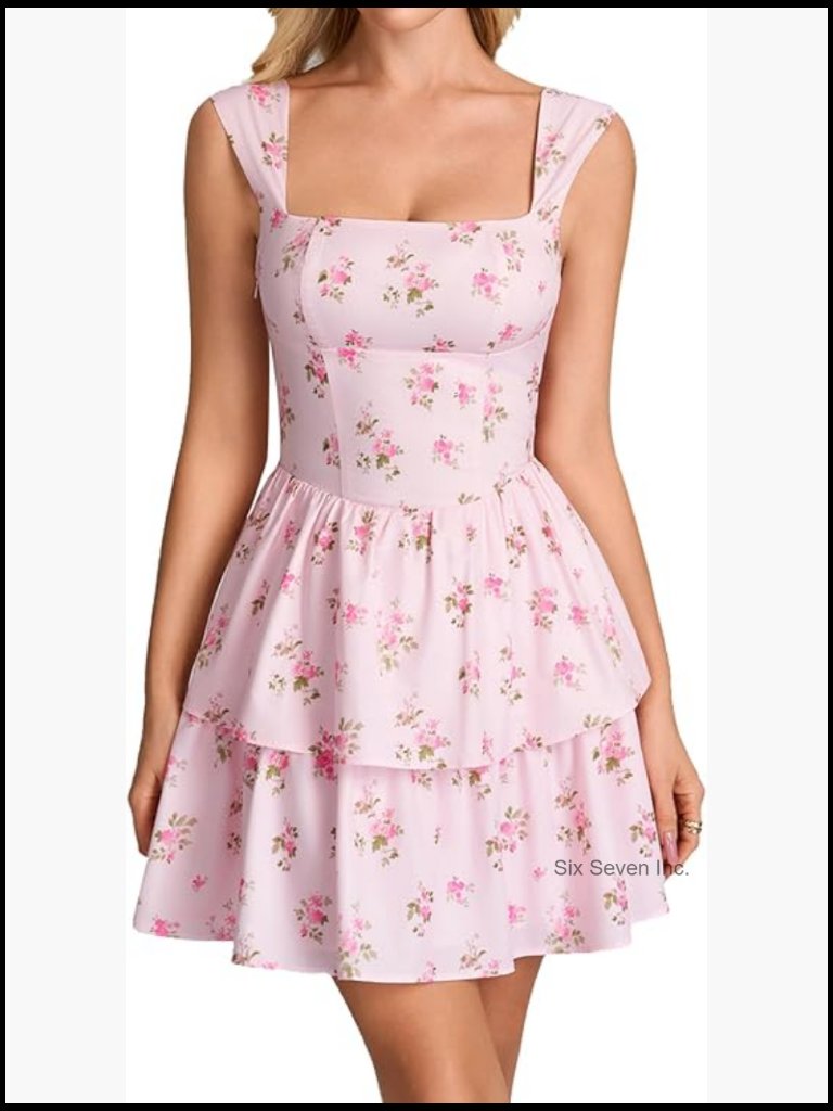 Floral Square Neck Mini Dress Tiered Ruffle A Line Tie Bow Party
